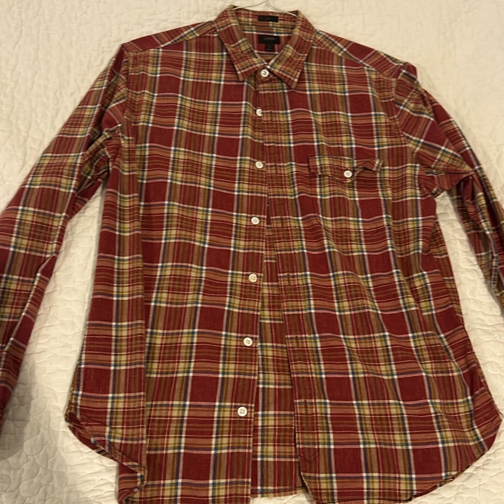 J Crew Plaid Button Up Red Gold Large Slim